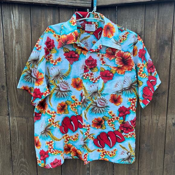 Vintage 70s Montgomery Ward Hawaiian Tiki Luau Short Sleeve Floral Bold Shirt XL - Picture 1 of 3